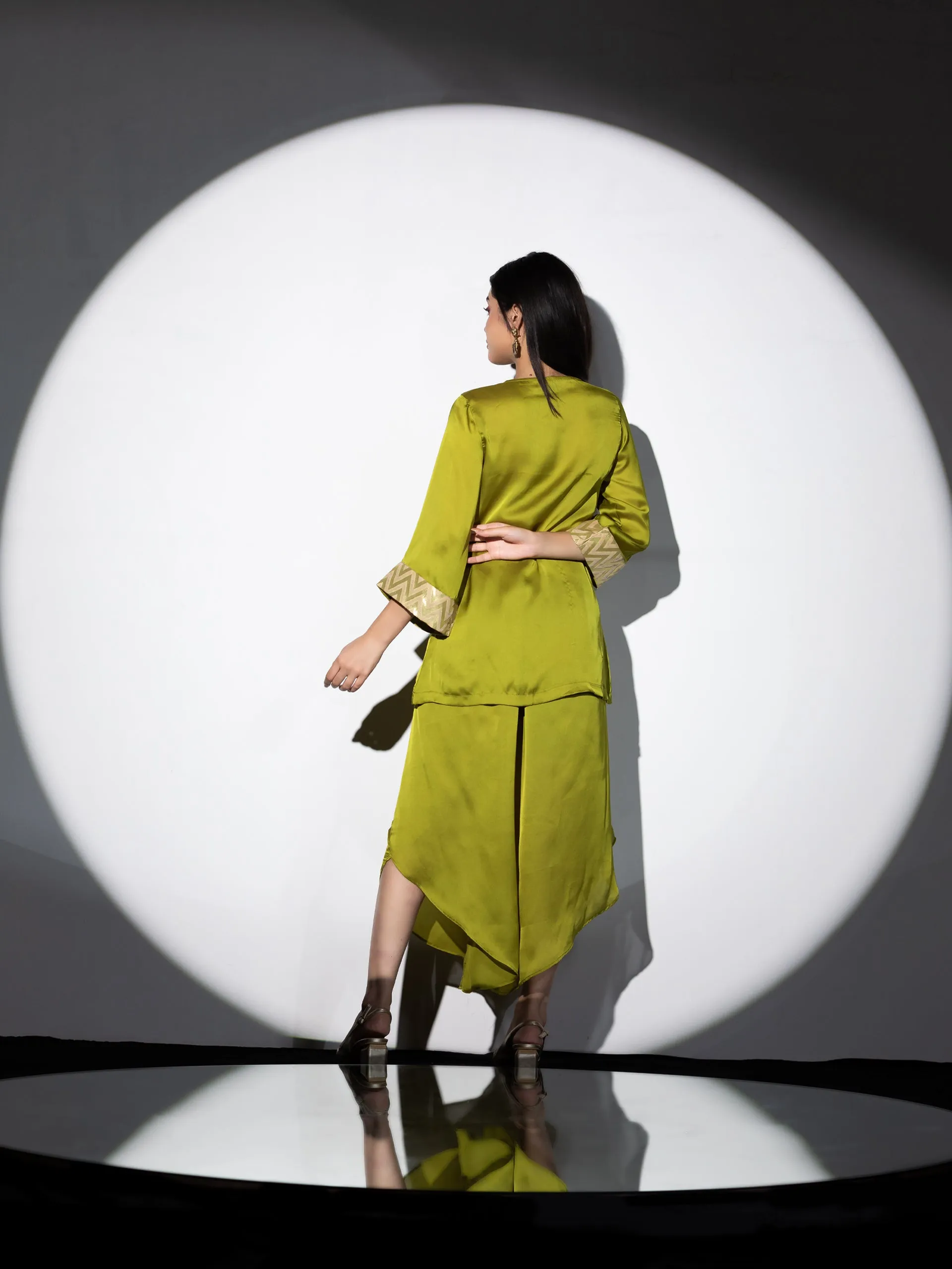 1 pc - Lime Green colour Satin Kurta with Pleated front and Inner Brocade Cuff