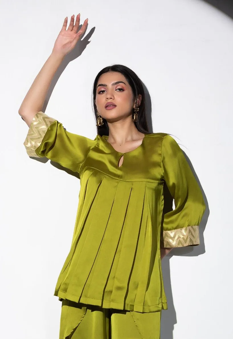 1 pc - Lime Green colour Satin Kurta with Pleated front and Inner Brocade Cuff