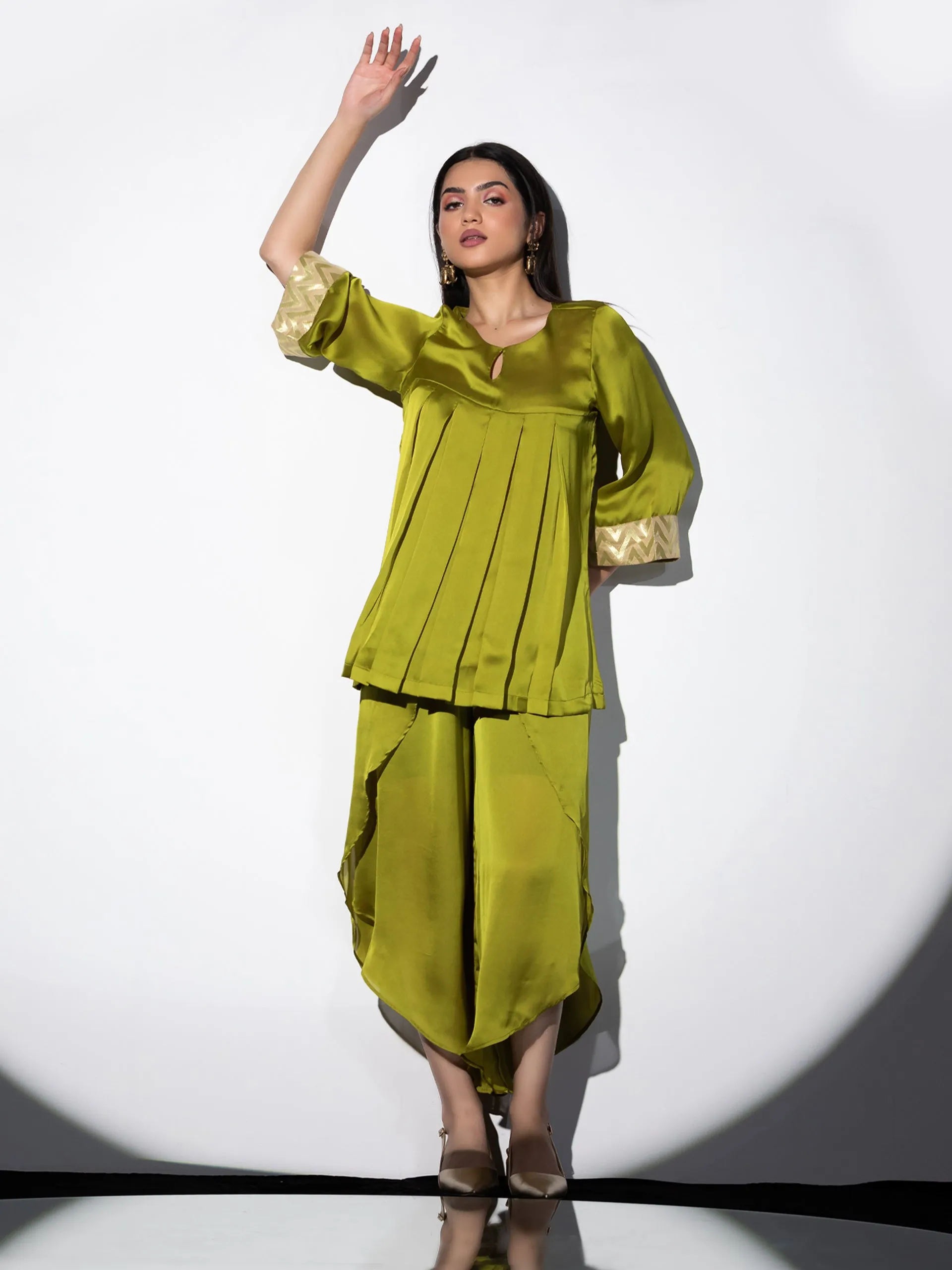 1 pc - Lime Green colour Satin Kurta with Pleated front and Inner Brocade Cuff