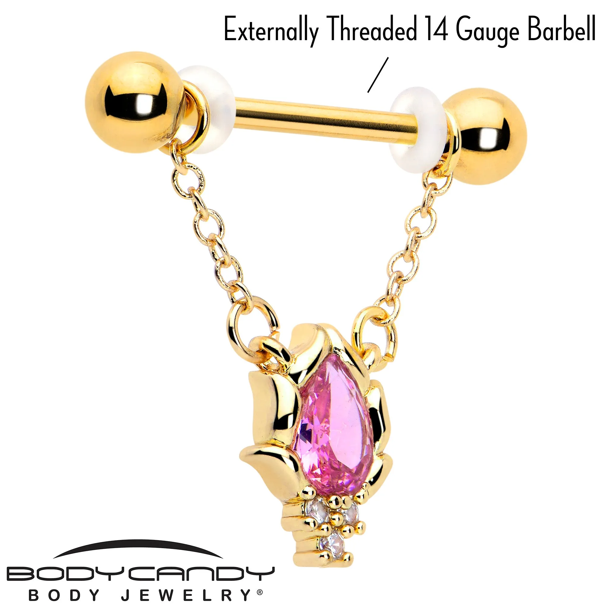 14 Gauge 9/16 Pink CZ Gem Gold Tone Style Fire Dangle Nipple Ring Set