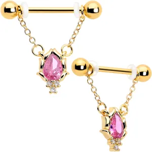 14 Gauge 9/16 Pink CZ Gem Gold Tone Style Fire Dangle Nipple Ring Set
