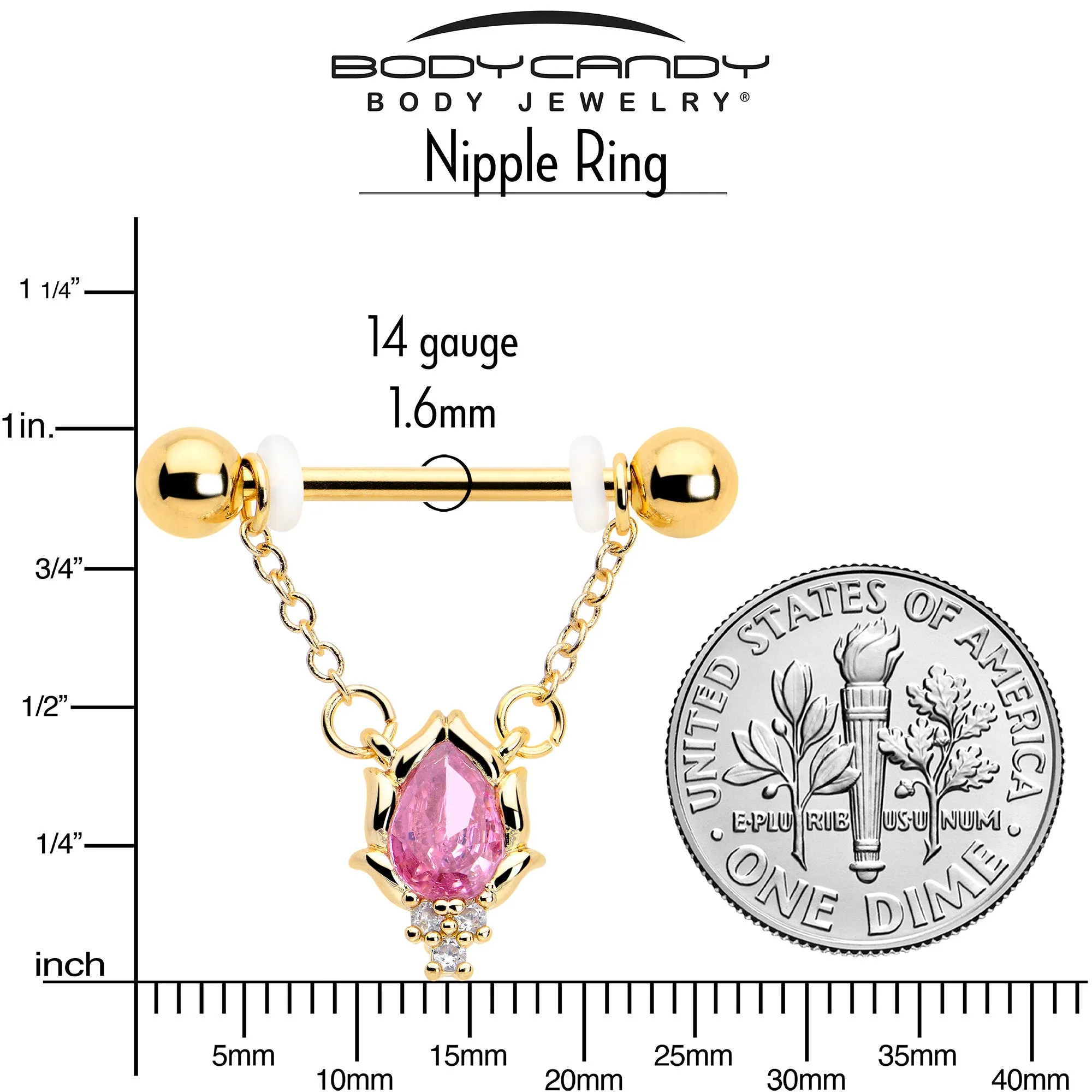 14 Gauge 9/16 Pink CZ Gem Gold Tone Style Fire Dangle Nipple Ring Set