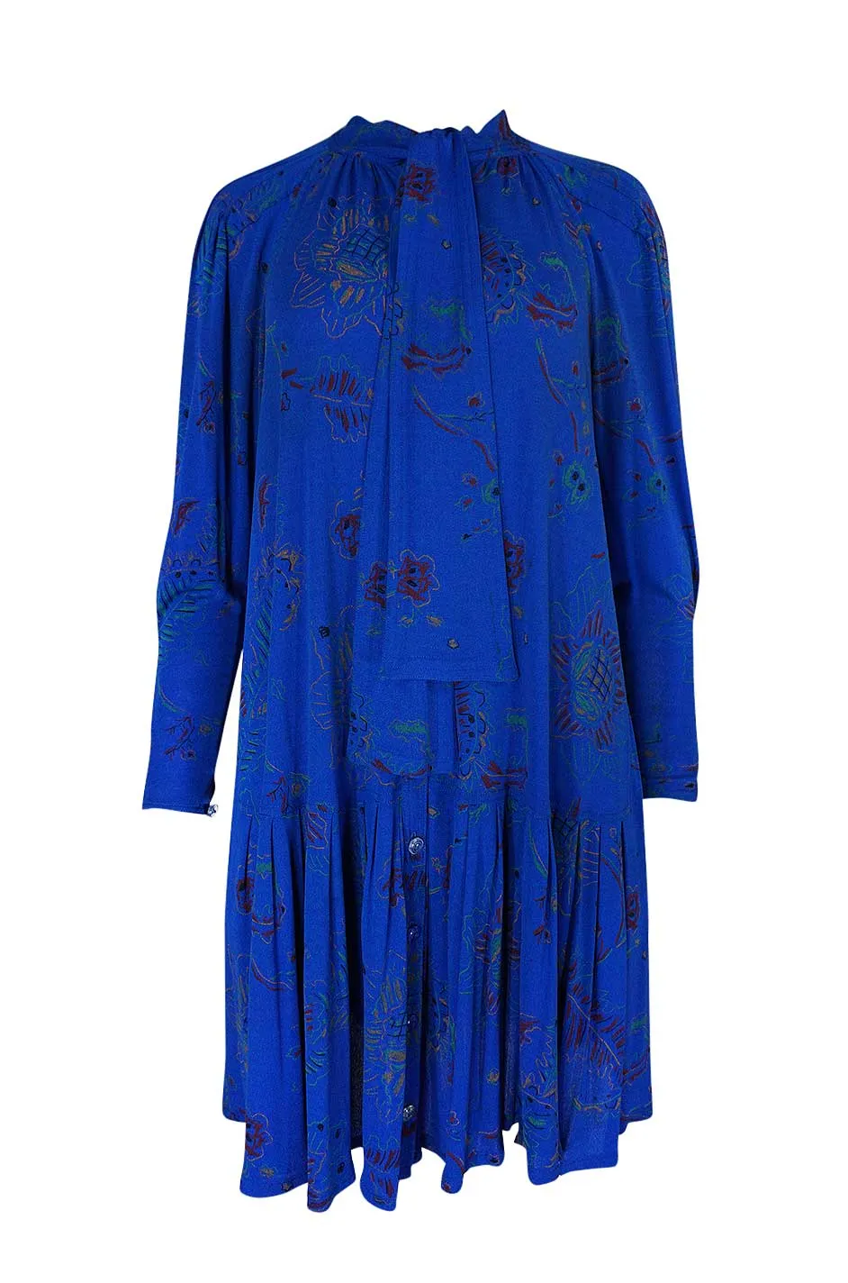 1970s Jean Muir Hand Painted Blue Jersey Smock Dress