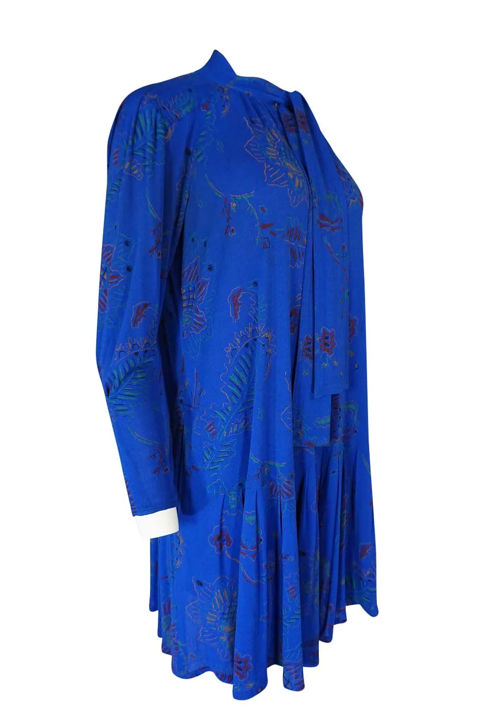1970s Jean Muir Hand Painted Blue Jersey Smock Dress