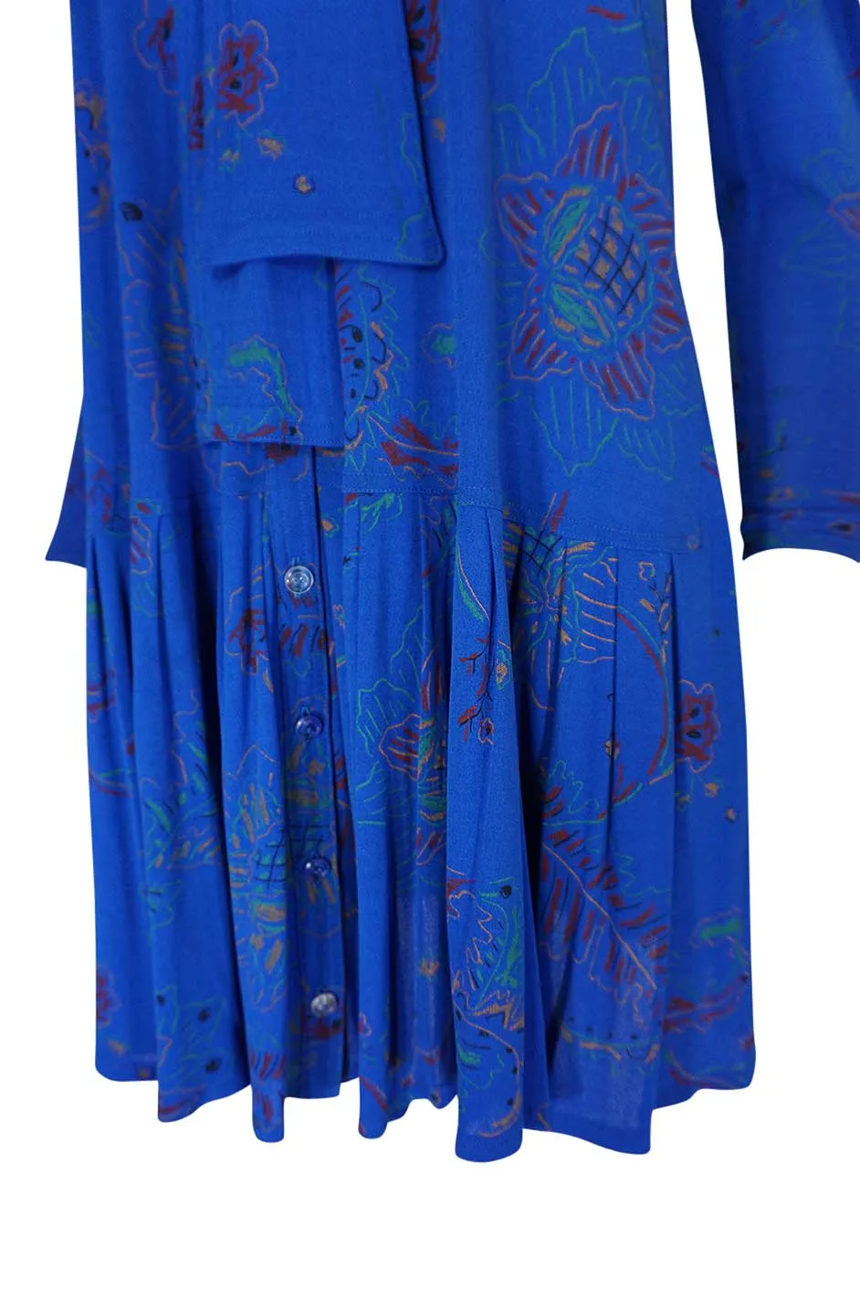1970s Jean Muir Hand Painted Blue Jersey Smock Dress