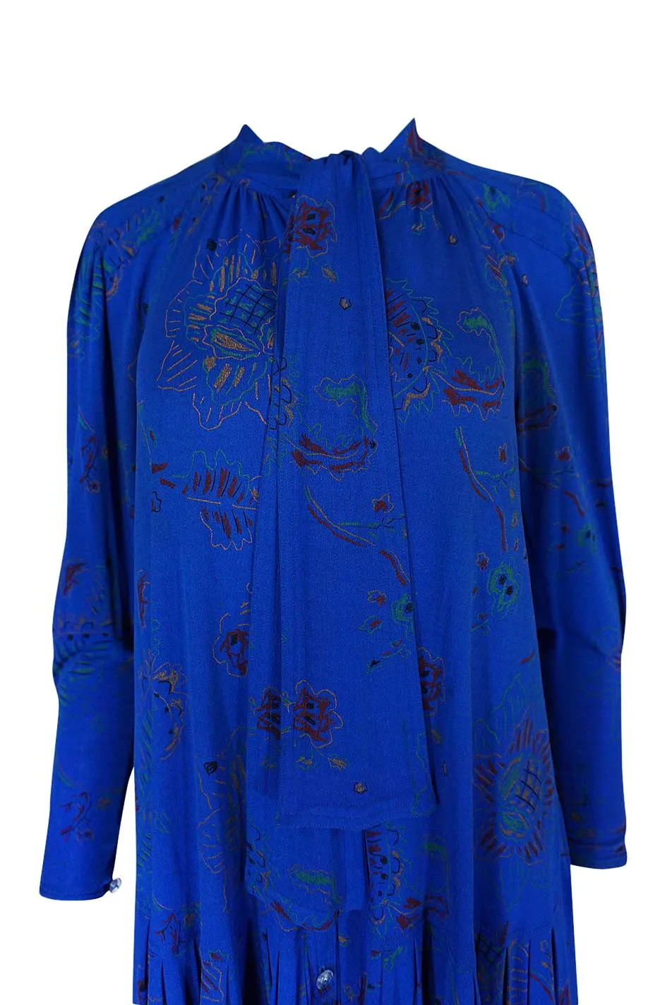 1970s Jean Muir Hand Painted Blue Jersey Smock Dress