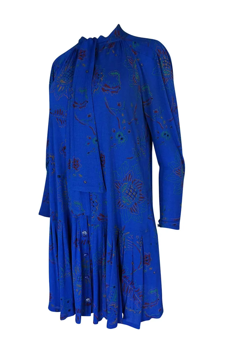 1970s Jean Muir Hand Painted Blue Jersey Smock Dress