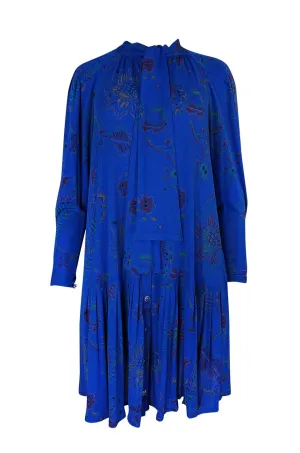 1970s Jean Muir Hand Painted Blue Jersey Smock Dress