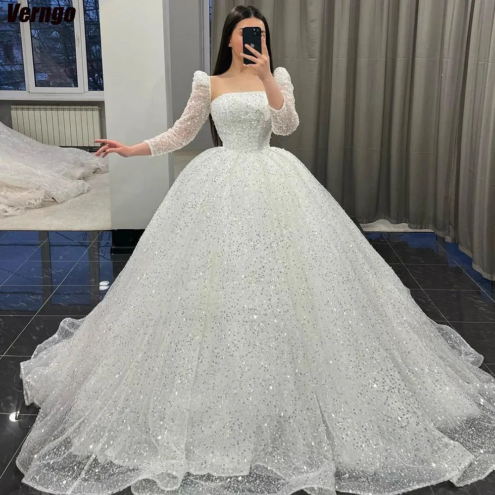A-line Long Sleeves Wedding Dresses Strapless Sequin Bridal Gown