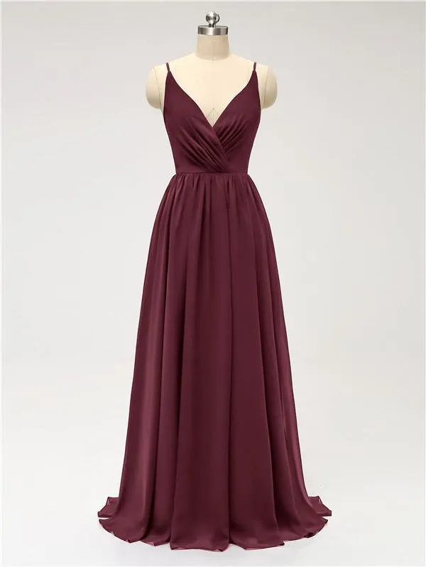 A-line Spaghetti Straps V Neck Chiffon Floor Length Bridesmaid Dresses
