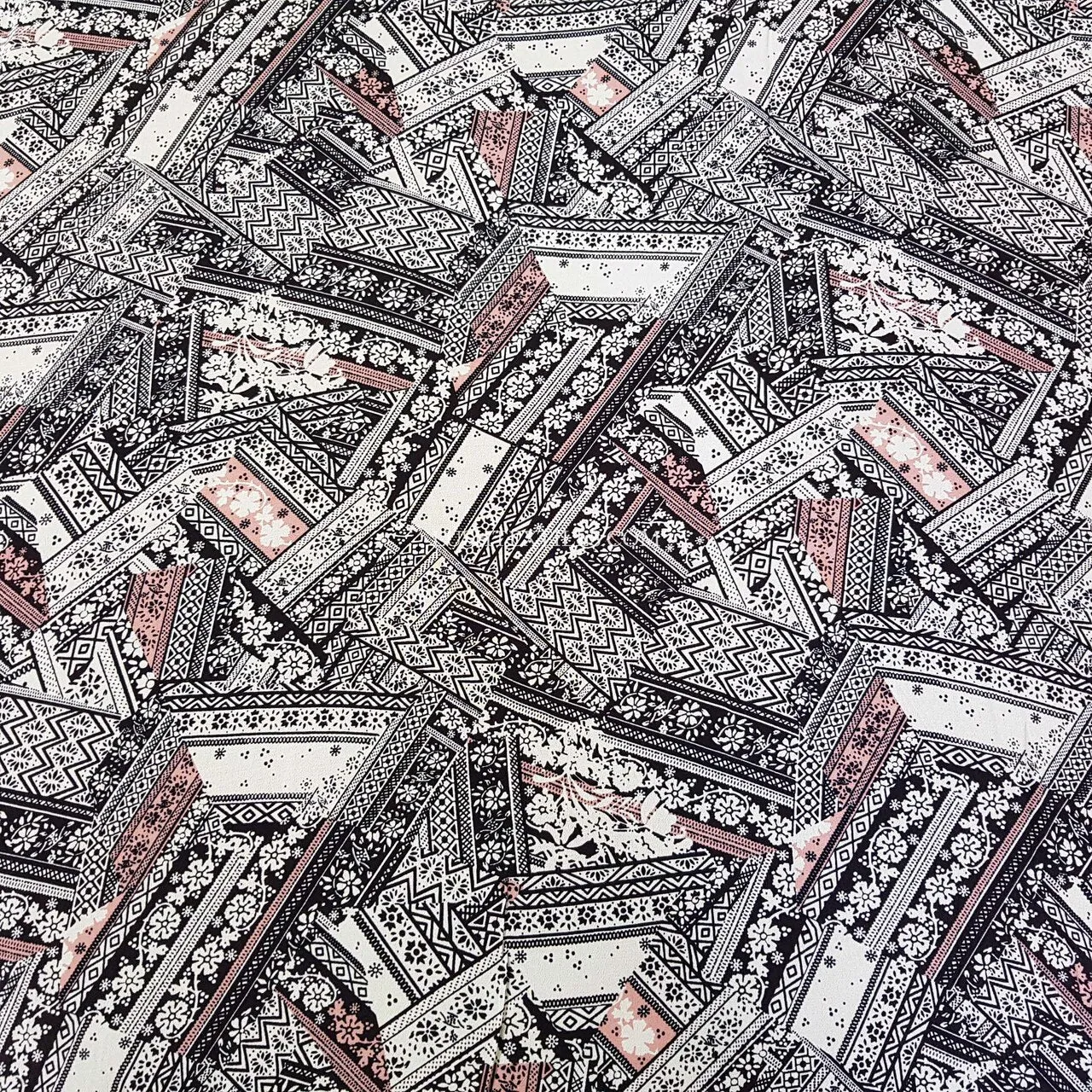 Abstract Designer Viscose Fabric, Ecru