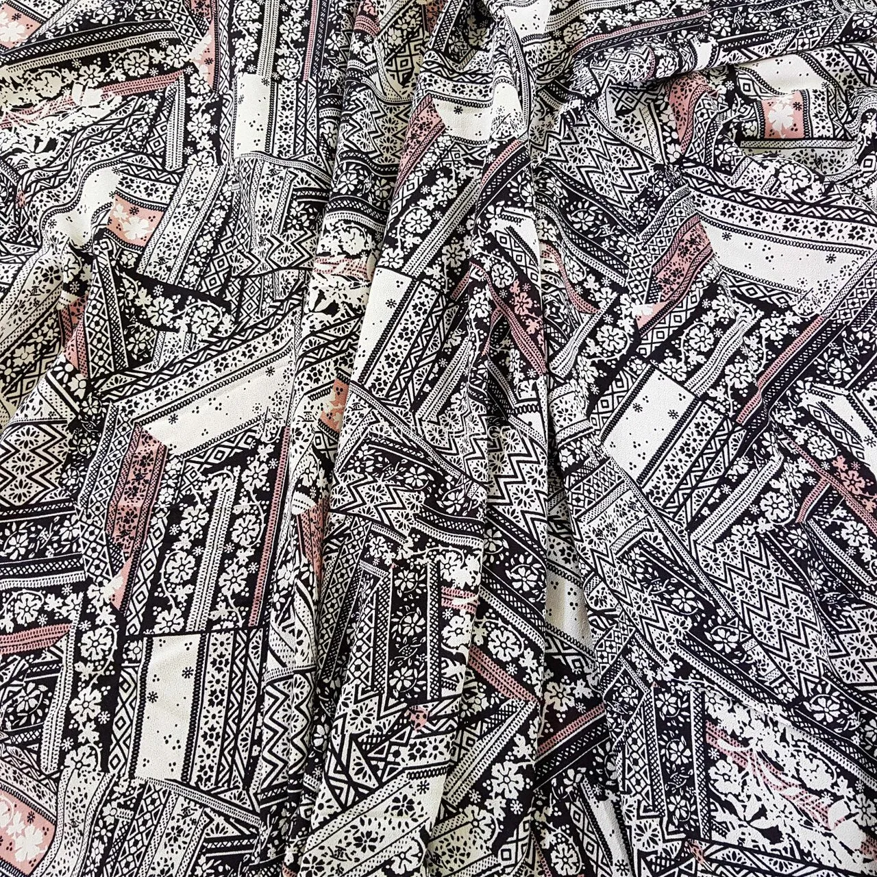 Abstract Designer Viscose Fabric, Ecru