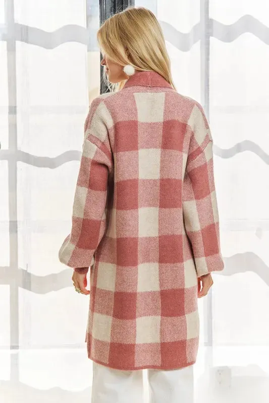 ADORA Full Size Checker Sweater Cardigan Plus Size