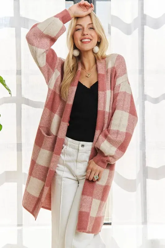 ADORA Full Size Checker Sweater Cardigan Plus Size