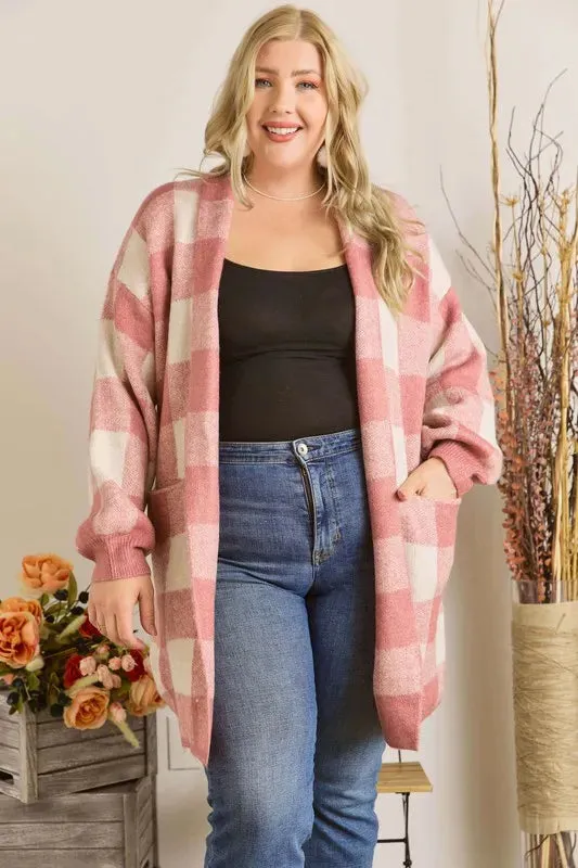ADORA Full Size Checker Sweater Cardigan Plus Size