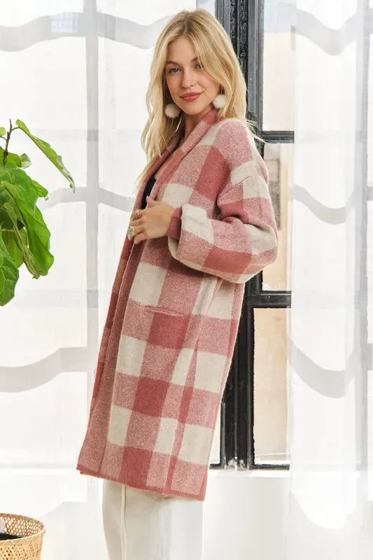 ADORA Full Size Checker Sweater Cardigan Plus Size