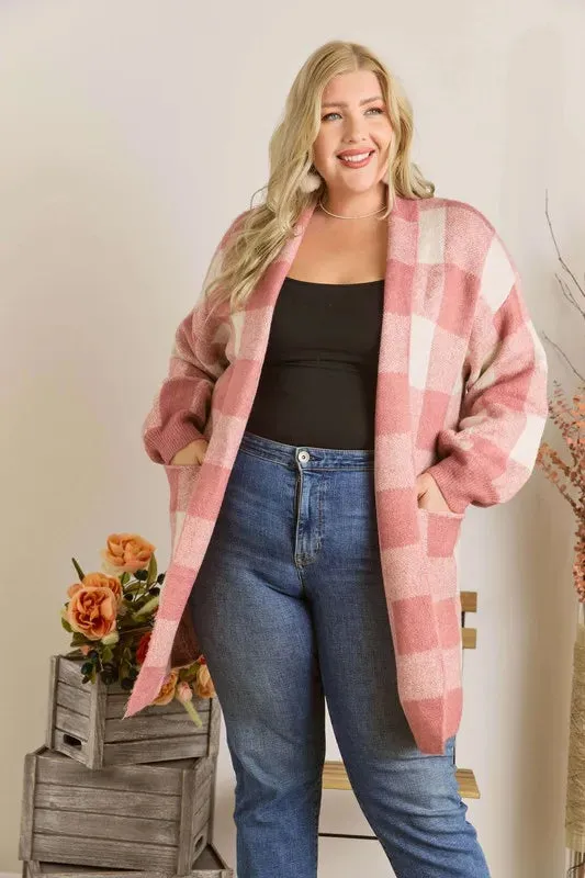 ADORA Full Size Checker Sweater Cardigan Plus Size