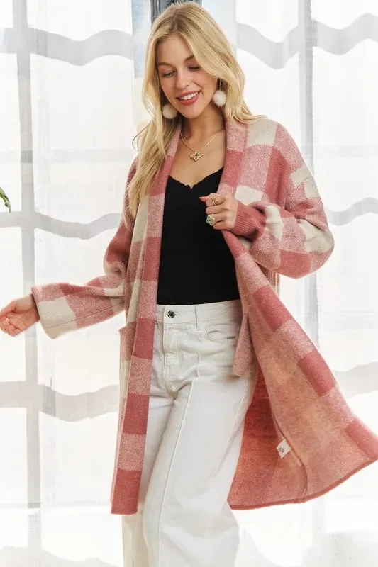 ADORA Full Size Checker Sweater Cardigan Plus Size