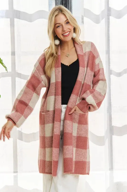 ADORA Full Size Checker Sweater Cardigan Plus Size