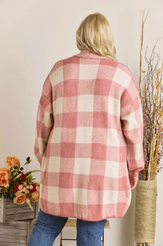 ADORA Full Size Checker Sweater Cardigan Plus Size