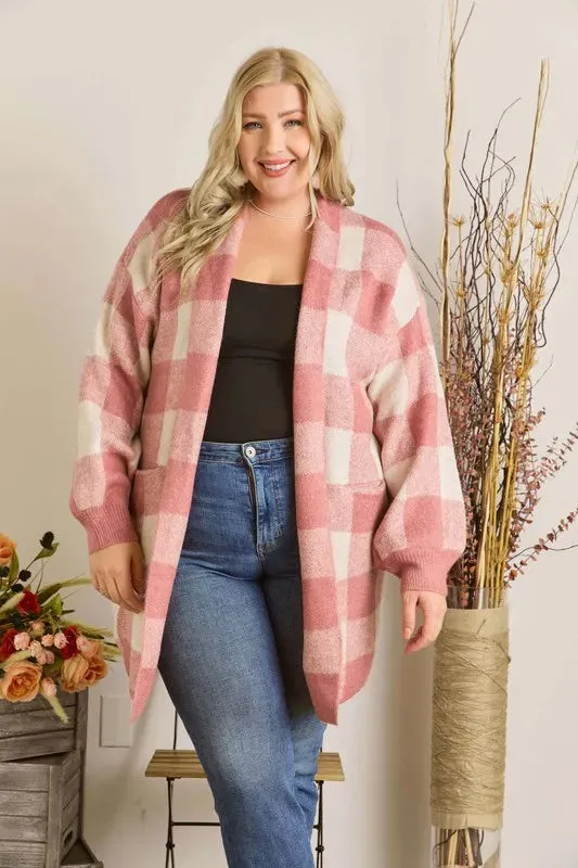ADORA Full Size Checker Sweater Cardigan Plus Size