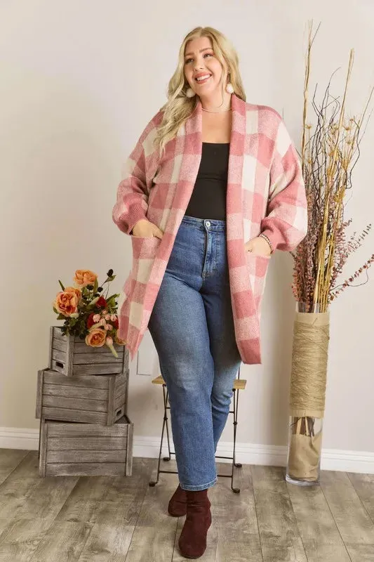 ADORA Full Size Checker Sweater Cardigan Plus Size