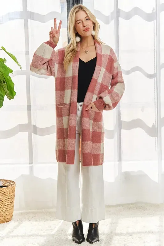ADORA Full Size Checker Sweater Cardigan Plus Size