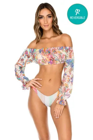 ALCAZAR - Shoulder Crop Top & High Leg Brazilian Bottom • Multicolor