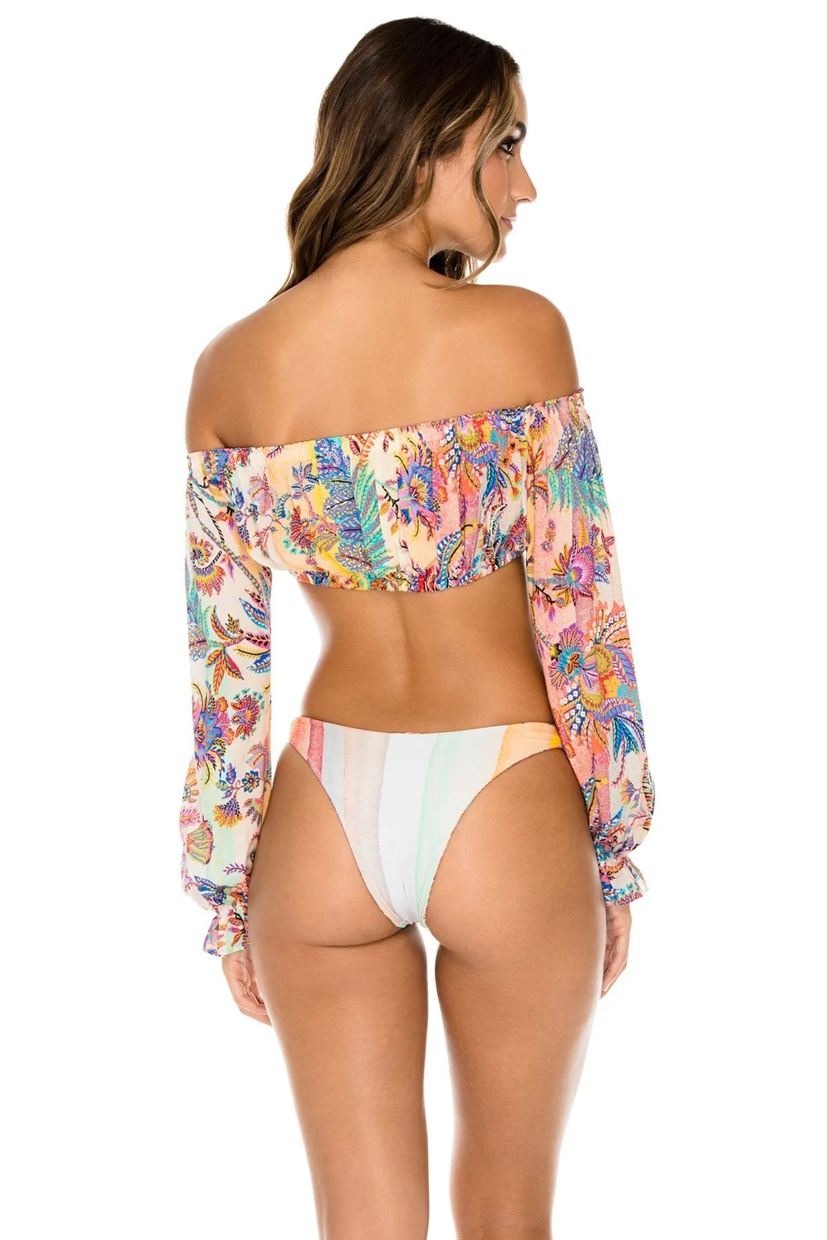 ALCAZAR - Shoulder Crop Top & High Leg Brazilian Bottom • Multicolor
