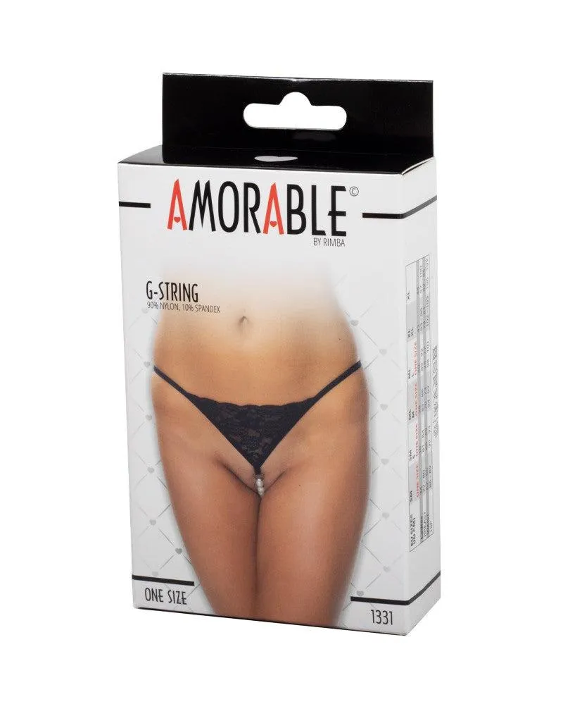 Amorable - Erotische String - G string van Zwart Kant Met Parelsnoer Door Kruis - One Size