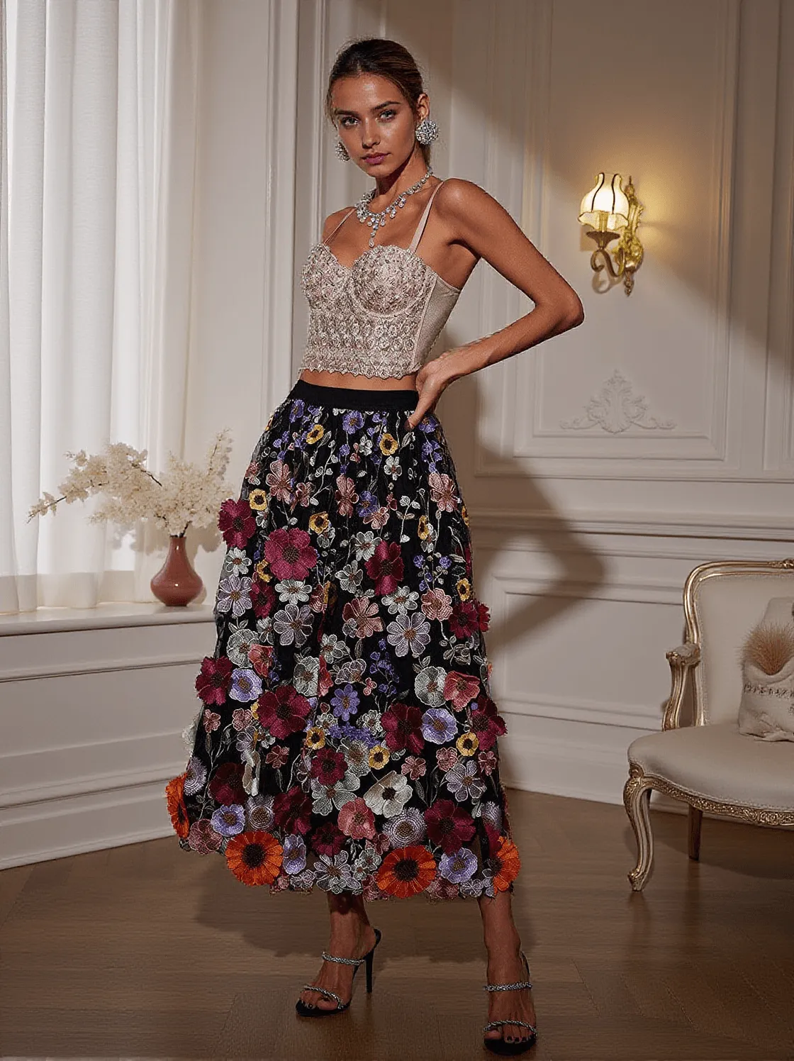 Amory Flower Embroidered Skirt In Black