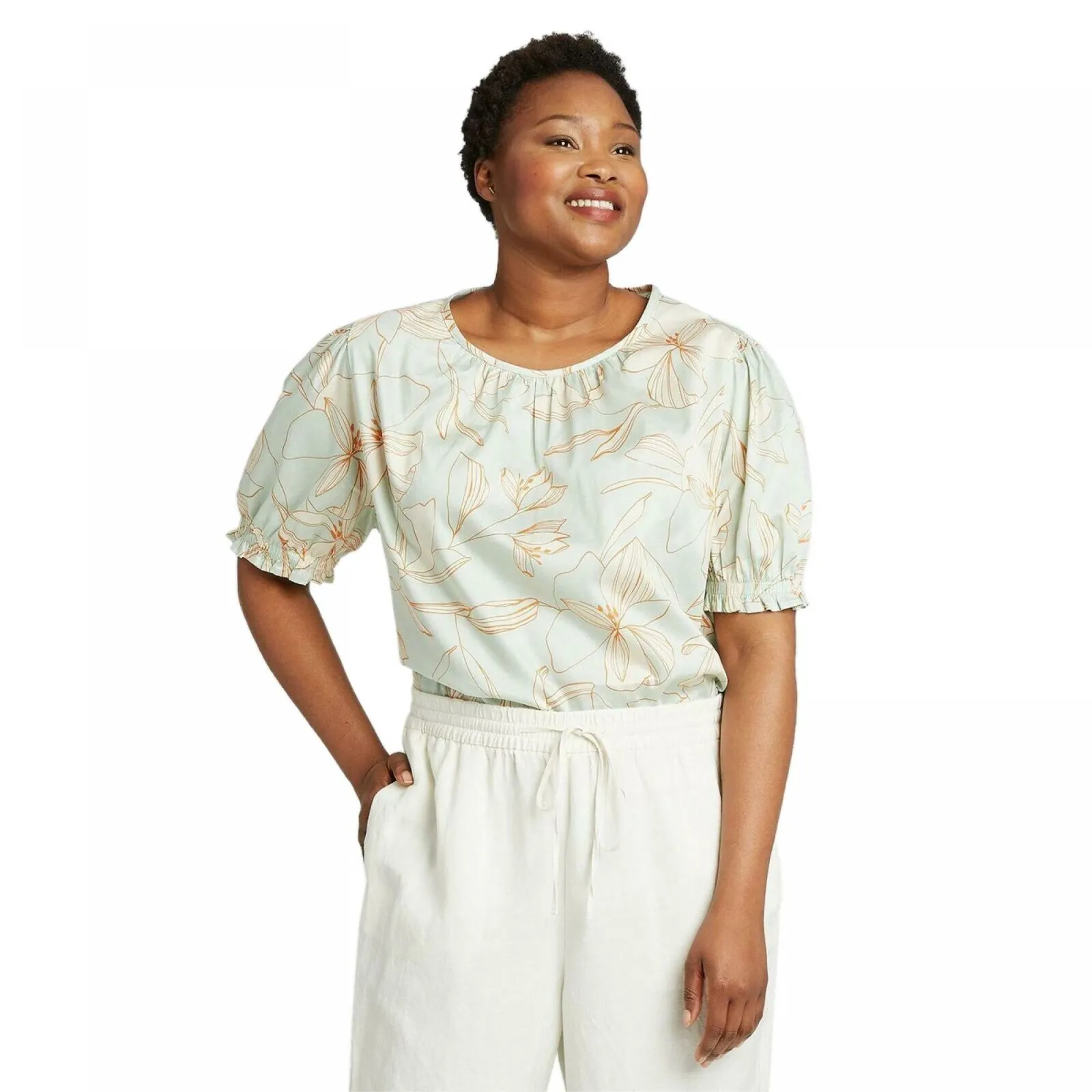 Ava & Viv Women's Plus Size Printed Short Sleeve Poplin Blouse