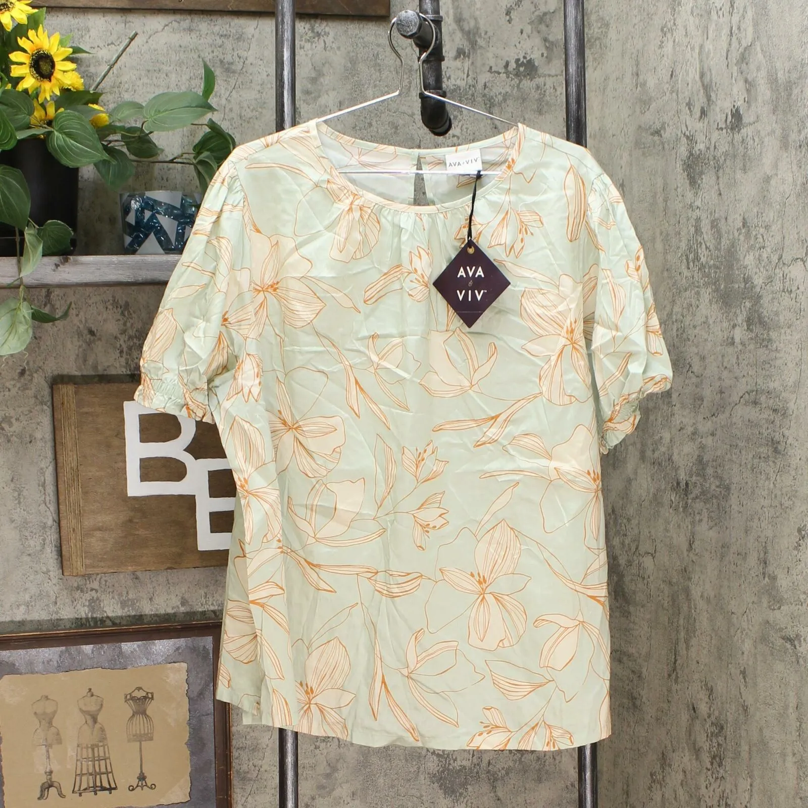 Ava & Viv Women's Plus Size Printed Short Sleeve Poplin Blouse