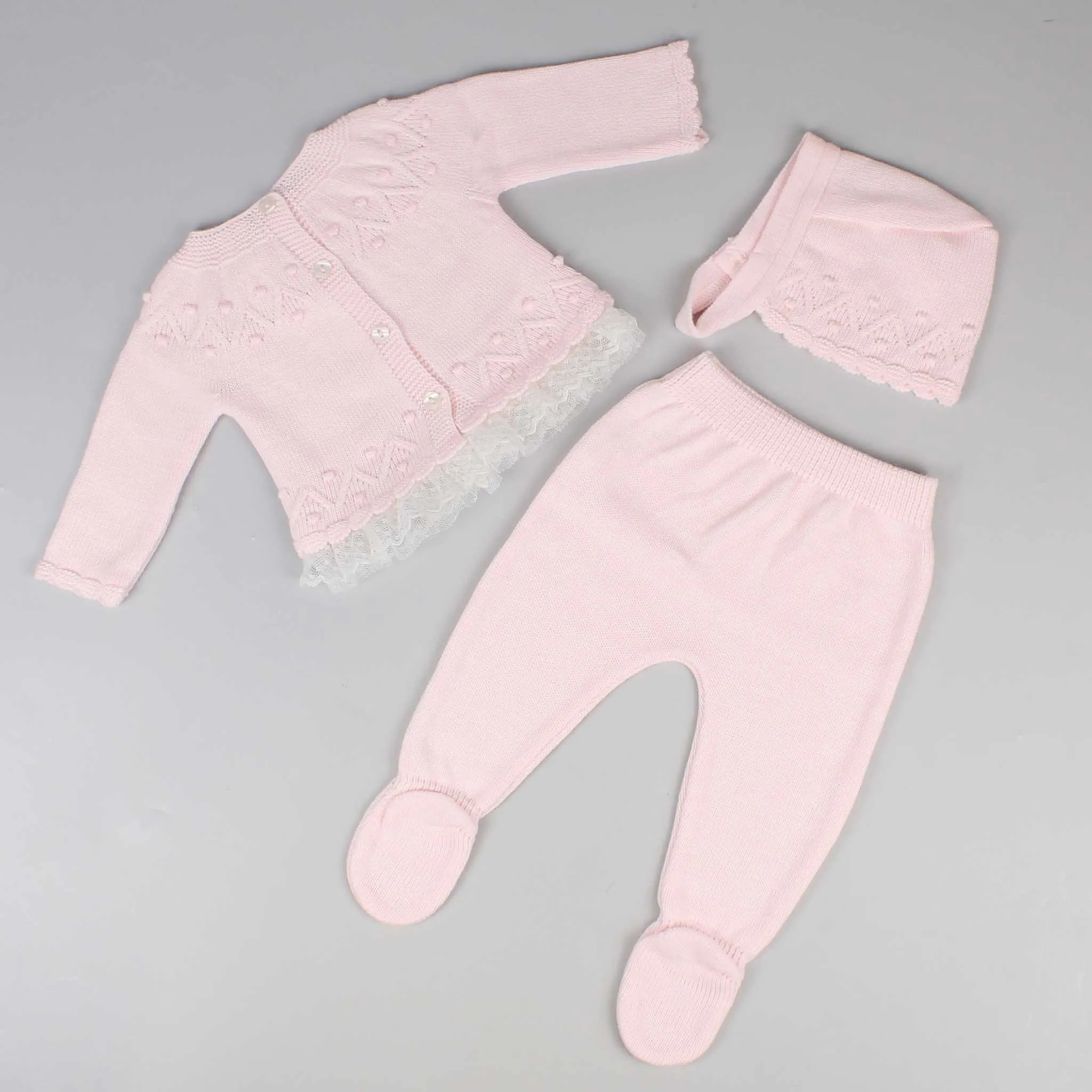 Baby Girls Knitted 3 Piece Outfit - Pink
