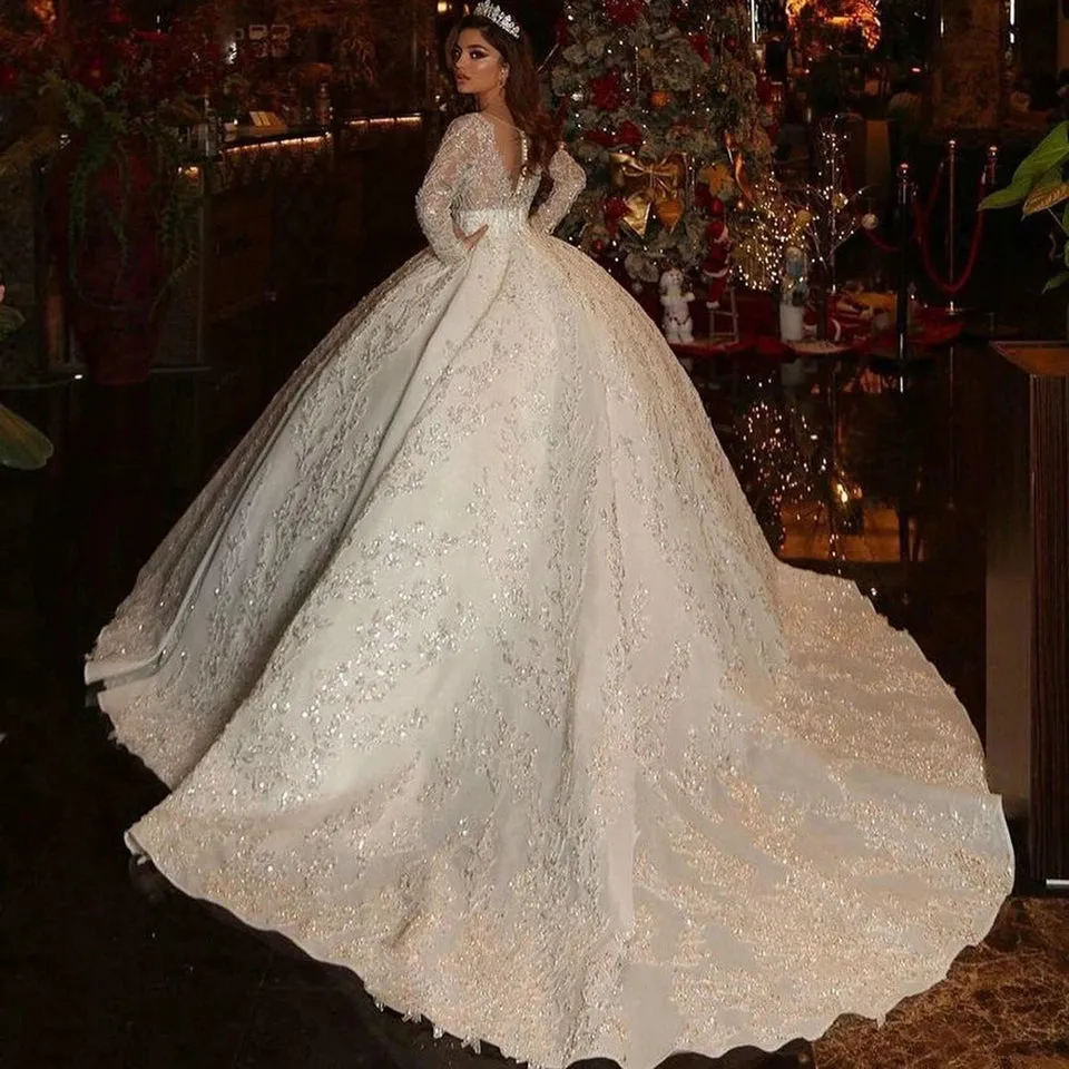 Ball Gown Illusion Back Long Sleeve Wedding Dresses