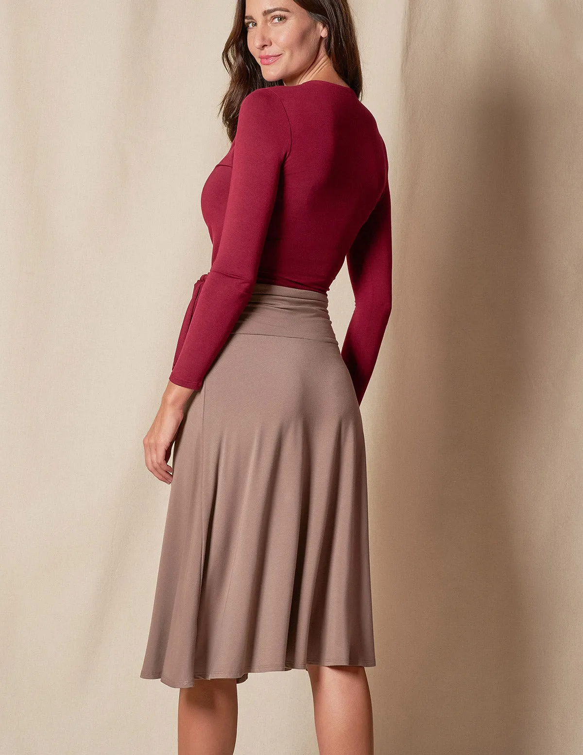 Bamboo Shirred Waist Midi Skirt - Mocha