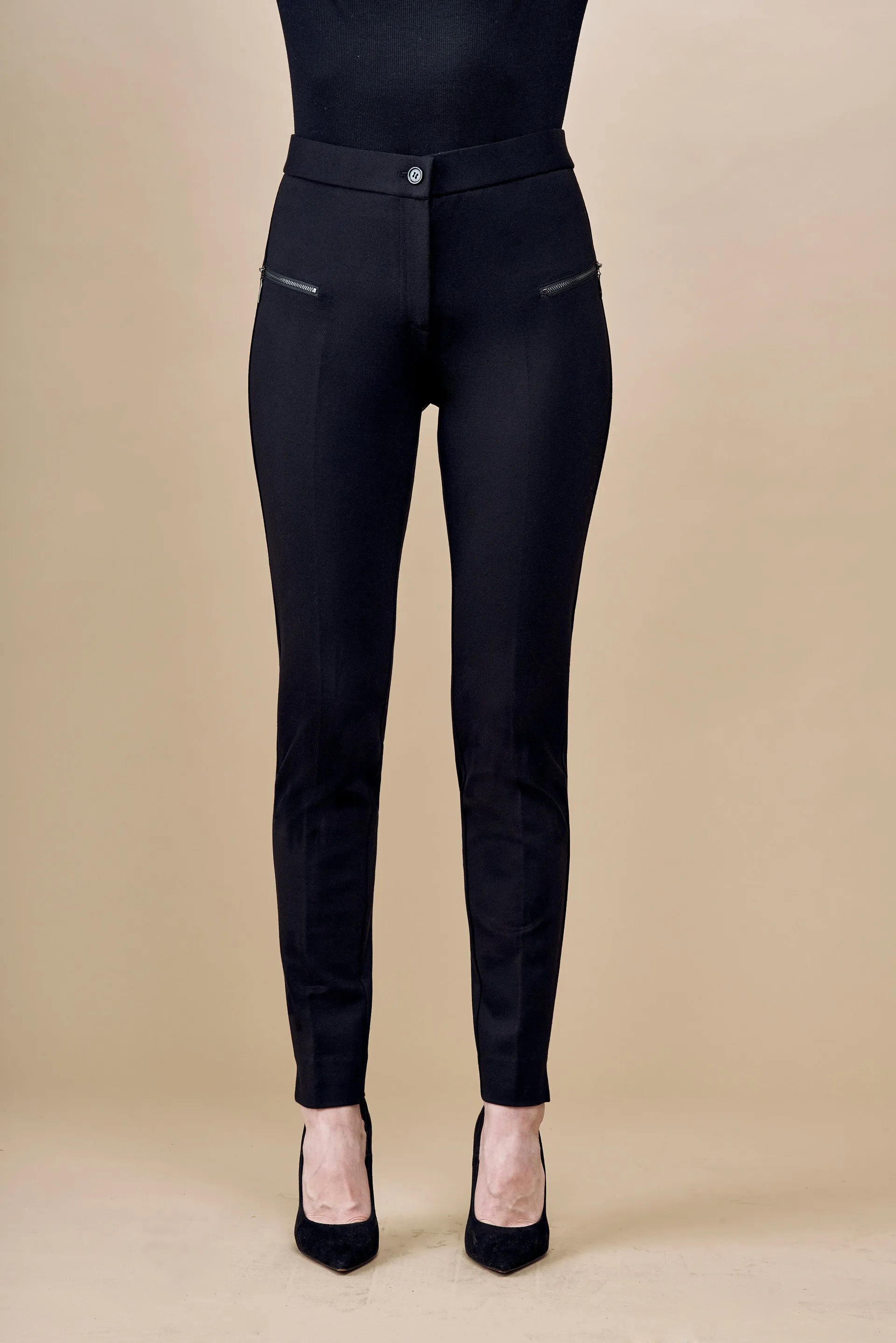 BCP101A72 Solid Scuba Pants with Slanted Zipper Trim