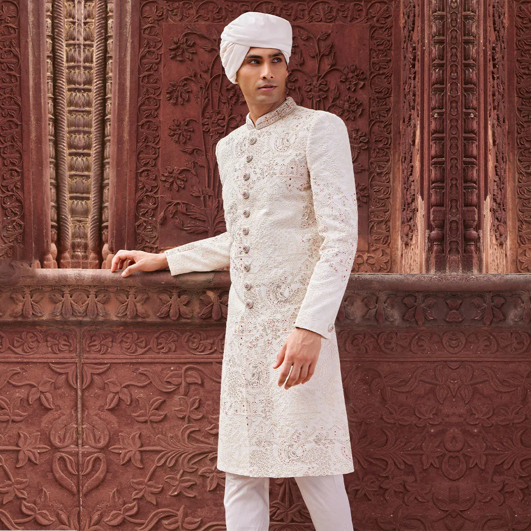 Beautiful White ThreadWork Sherwani with a Tinch of Red