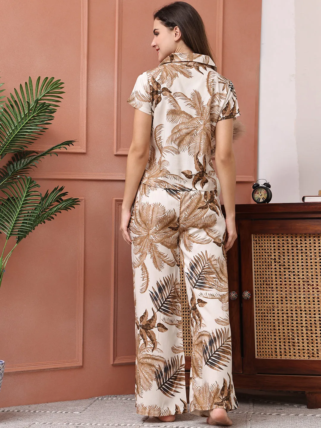 Beige Tropical Printed Viscose Rayon Night Suit for Women | S-XL | Claura