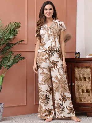 Beige Tropical Printed Viscose Rayon Night Suit for Women | S-XL | Claura