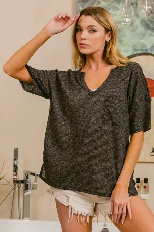BiBi Boucle Sweater Knit Short Sleeve Henley Top