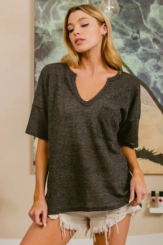 BiBi Boucle Sweater Knit Short Sleeve Henley Top