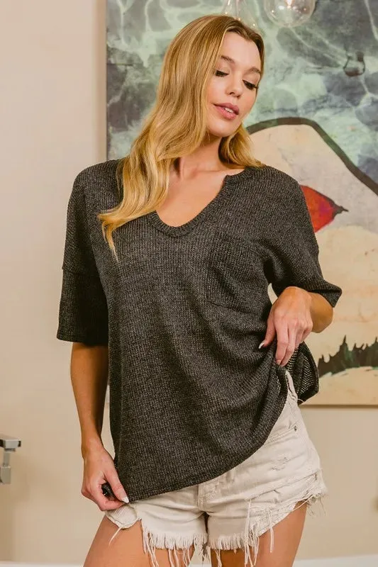 BiBi Boucle Sweater Knit Short Sleeve Henley Top