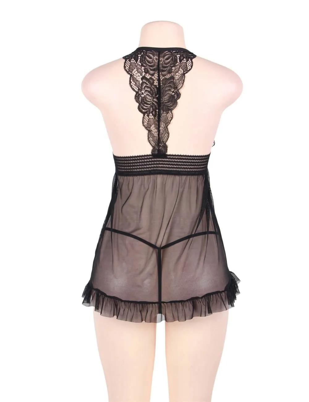 Big Size Pink Sheer Stretch Lace and Net Open Back Babydoll