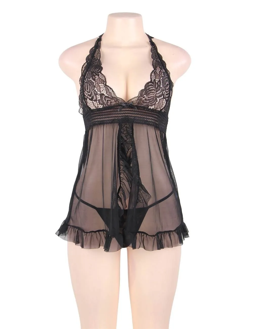 Big Size Pink Sheer Stretch Lace and Net Open Back Babydoll