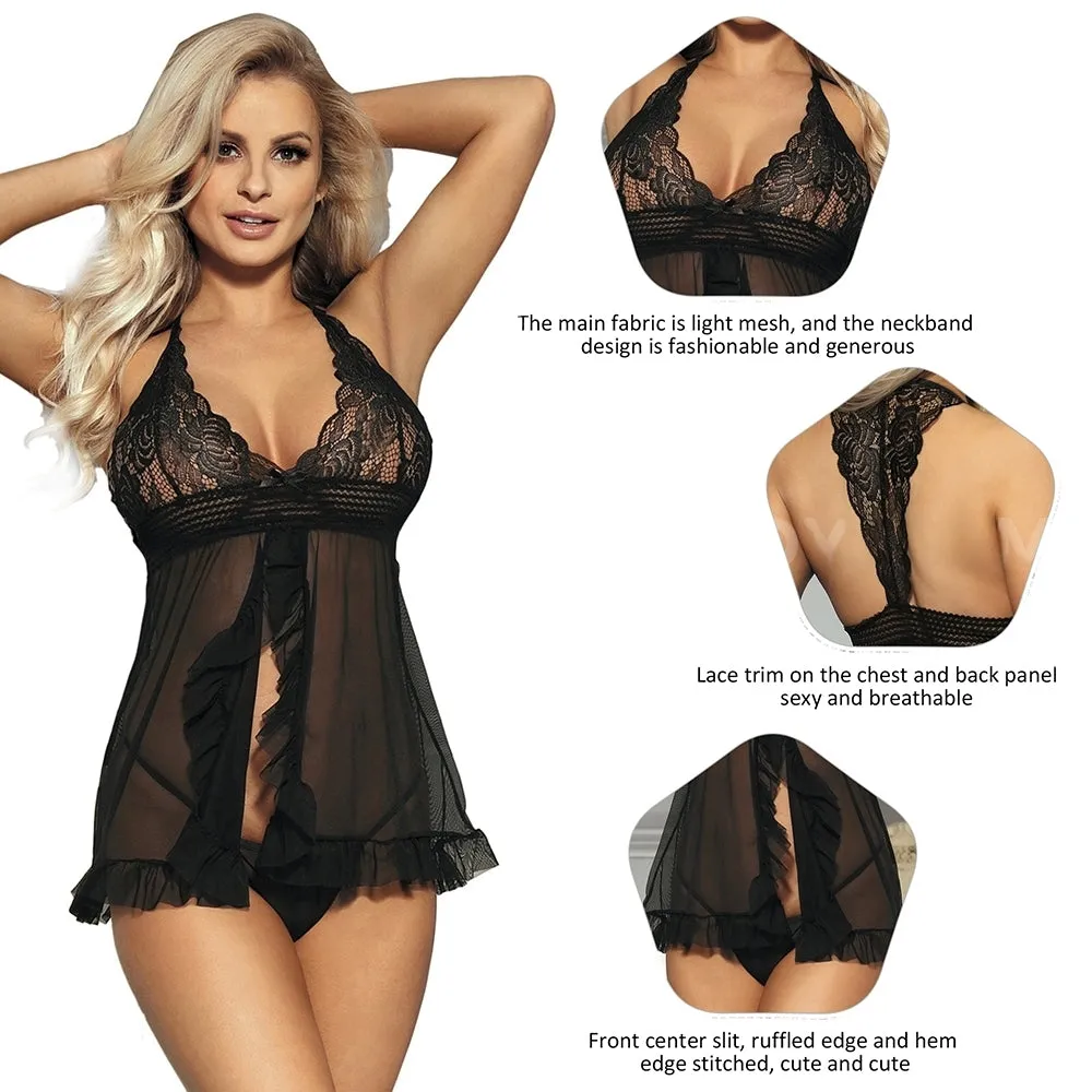 Big Size Pink Sheer Stretch Lace and Net Open Back Babydoll