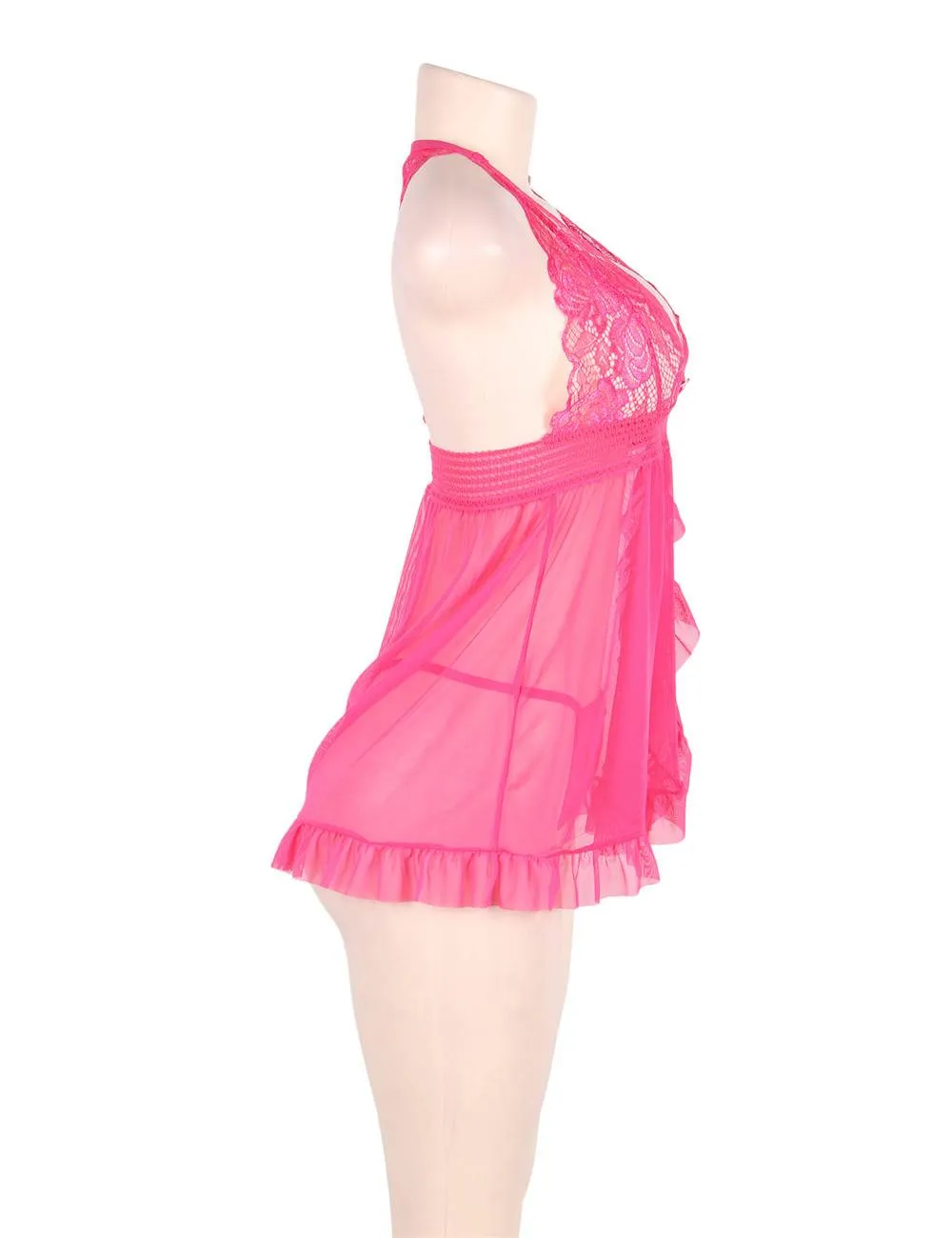 Big Size Pink Sheer Stretch Lace and Net Open Back Babydoll