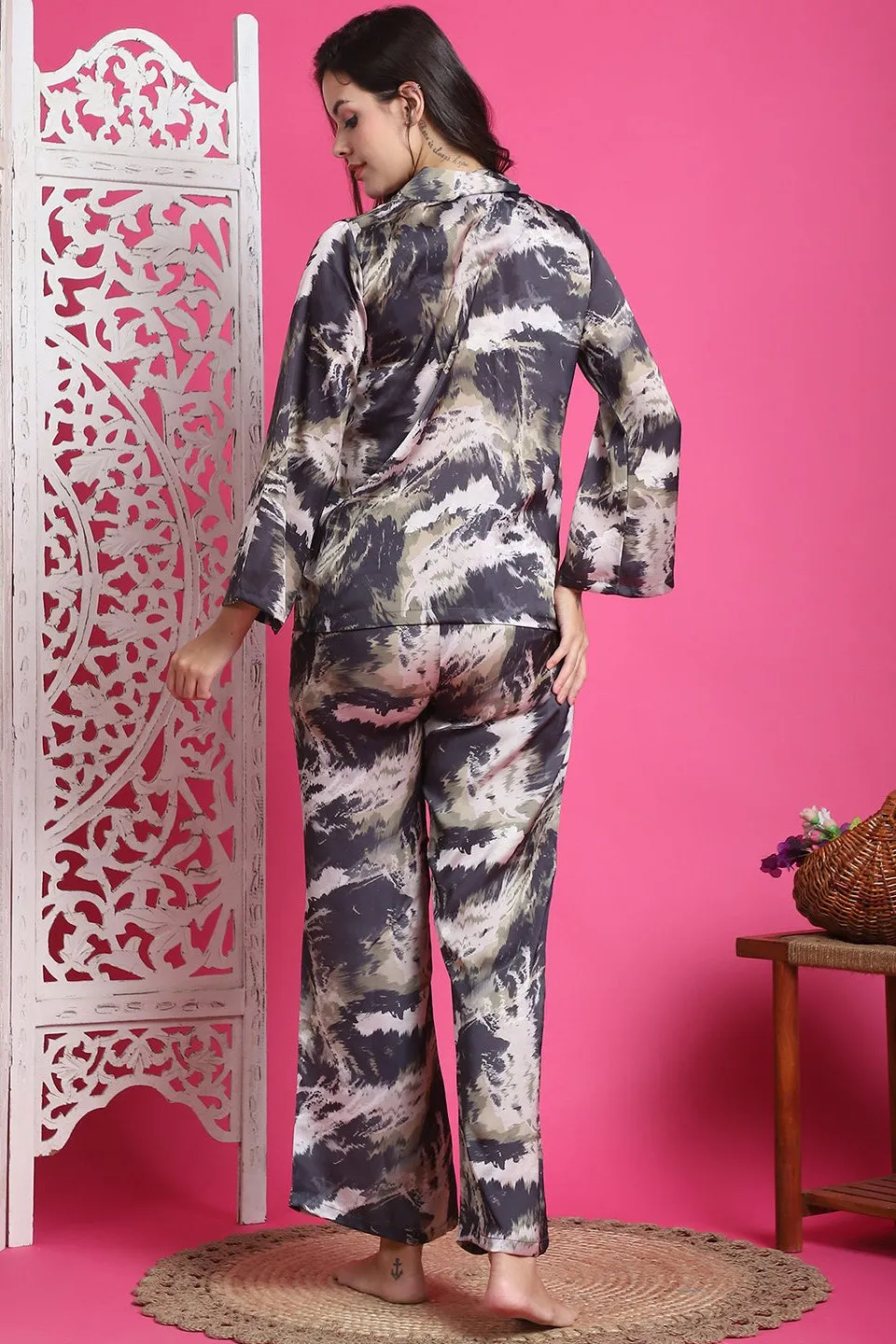 Black Abstract Printed Satin Night Suit for Women | S-XXL | Claura