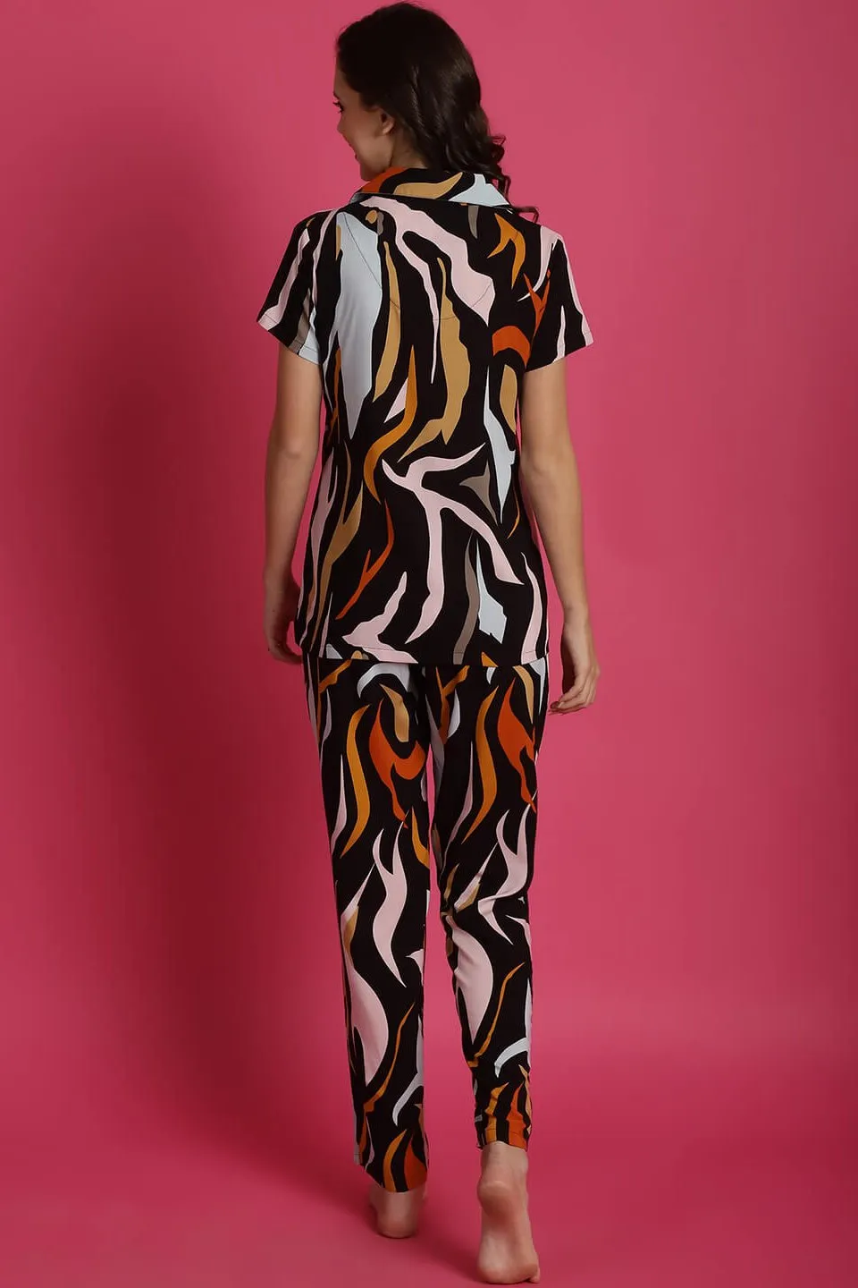 Black Abstract Printed Viscose Rayon Night Suit for Women | S-XL | Claura