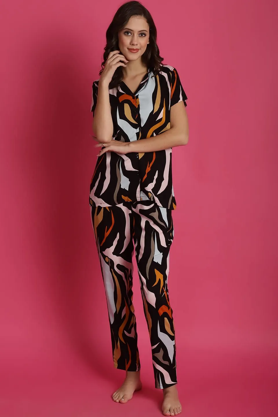 Black Abstract Printed Viscose Rayon Night Suit for Women | S-XL | Claura